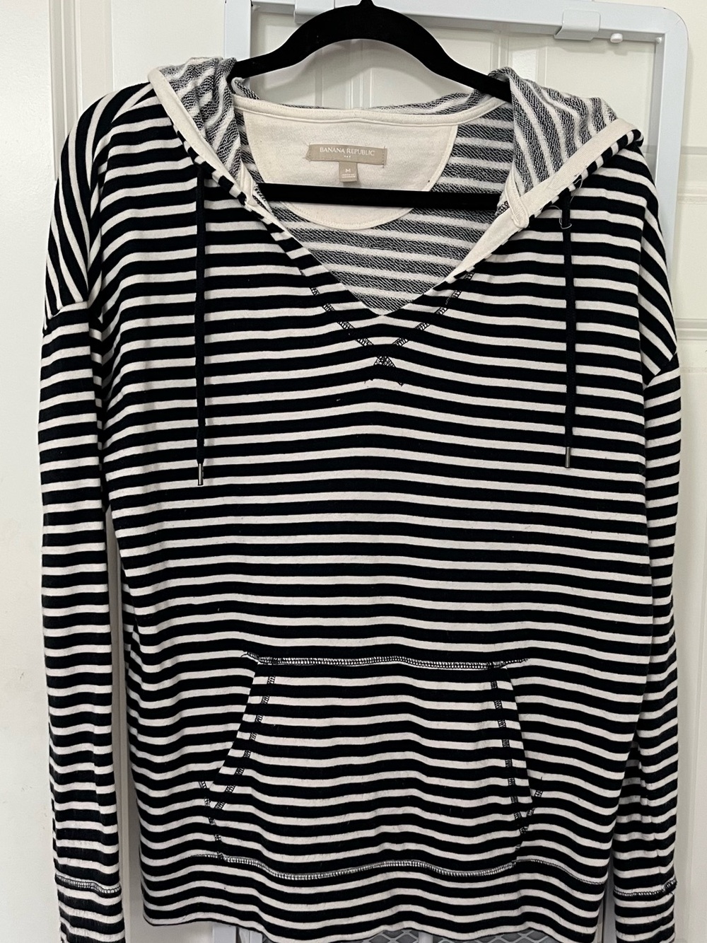 Banana Republic Black and White Striped V-Neck Hoodie Sweater
